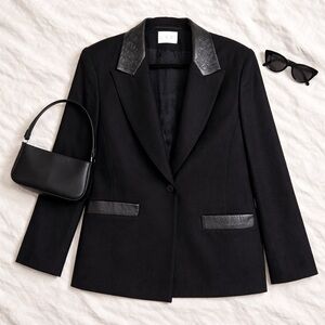 Vintage Looks Black Wool Blazer Embossed Trim Statement Tailored Jacket Size 8